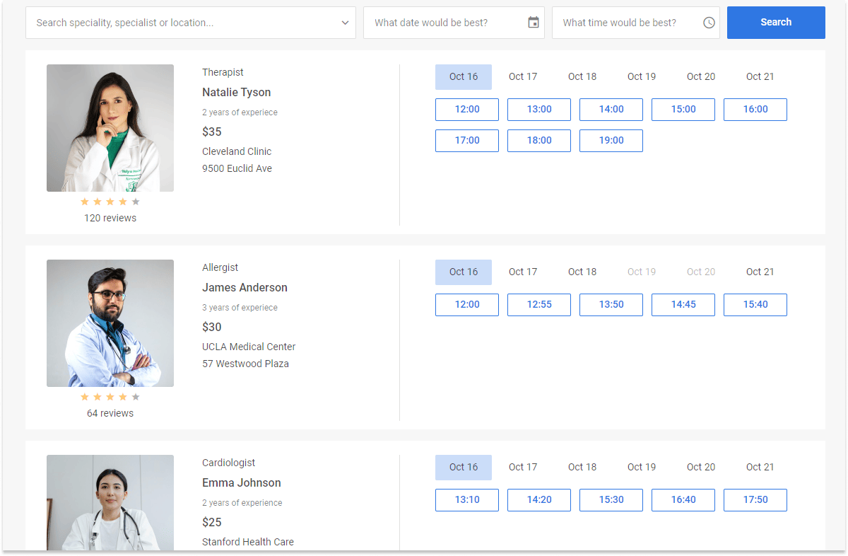 DHTMLX Booking 小部件，包含筛选区域和带可用时间槽的卡片列表