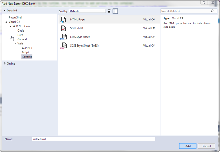 dhtmlxGantt with ASP.NET Core 创建项目第4步