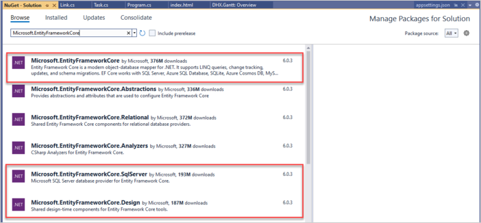 dhtmlxGantt with ASP.NET Core 安装 EF core
