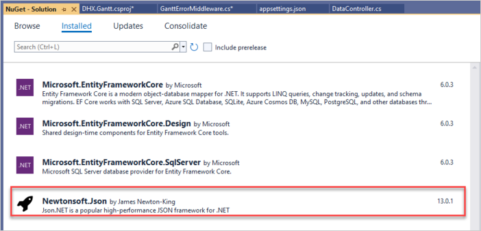 Gantt ASP.NET Core Install NewtonSoft Json