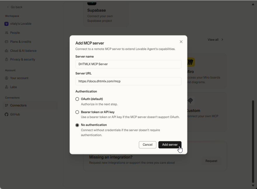 Adding DHTMLX MCP server in Lovable