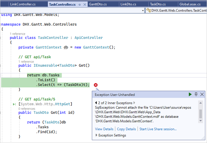 Exceptions or errors  PHP Tools for Visual Studio Documentation