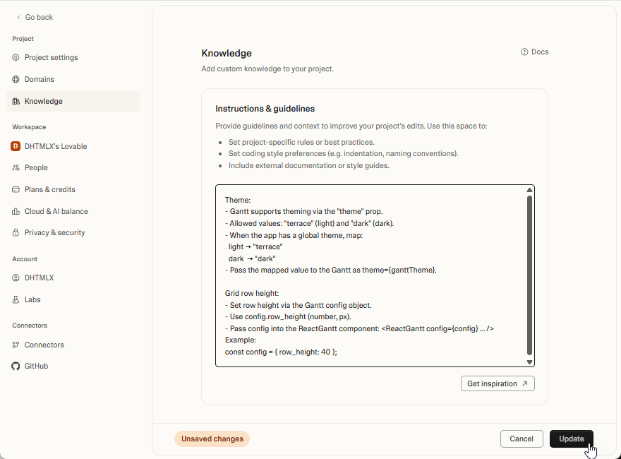 Lovable Knowledge Base with Gantt configuration rules