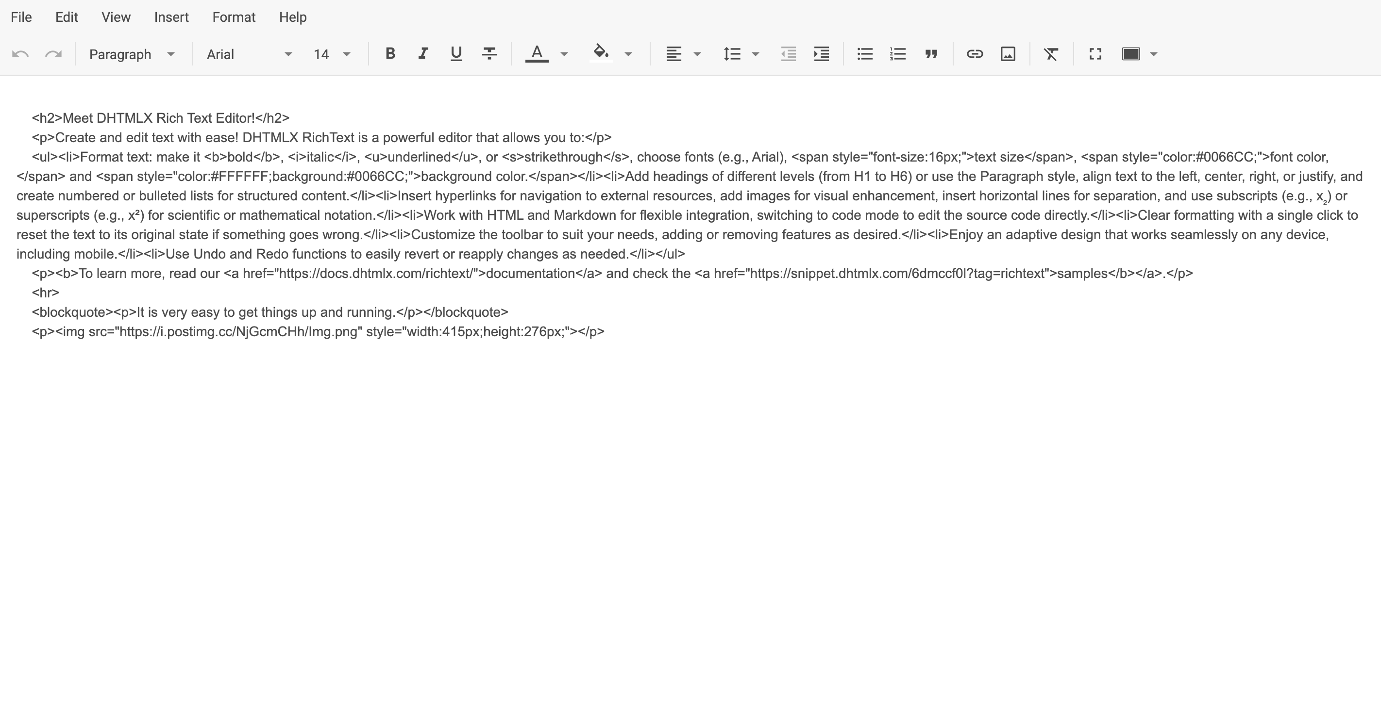 DHTMLX RichText-Inhalt serialisiert als reiner Text