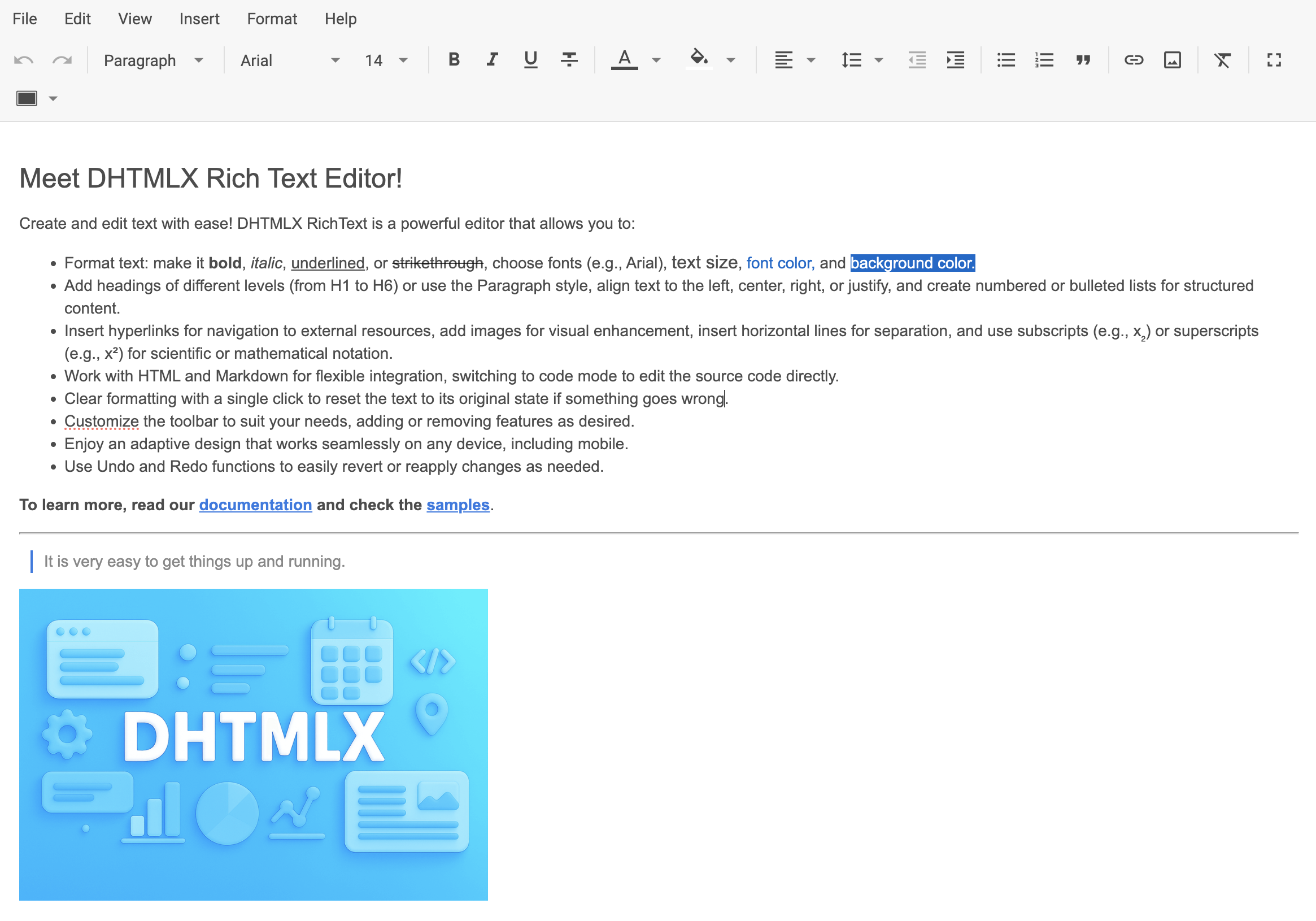 In einer Angular-Anwendung gerendertes DHTMLX RichText mit Beispielinhalt
