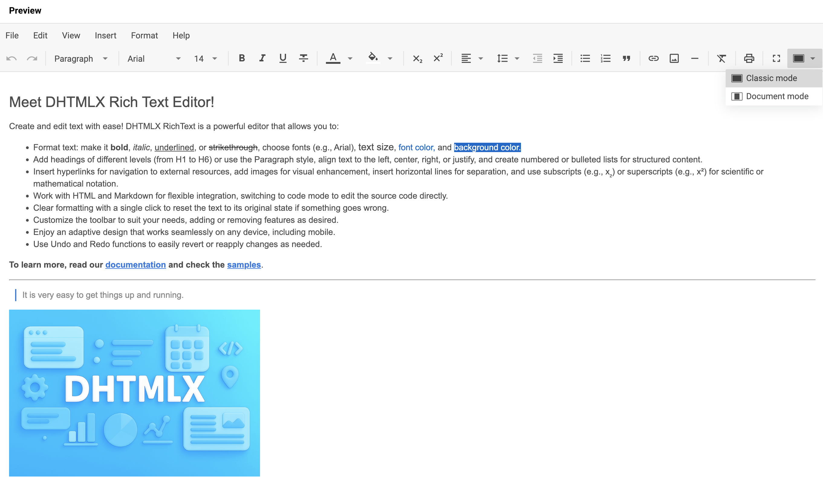 클래식 레이아웃 모드의 DHTMLX RichText 편집기