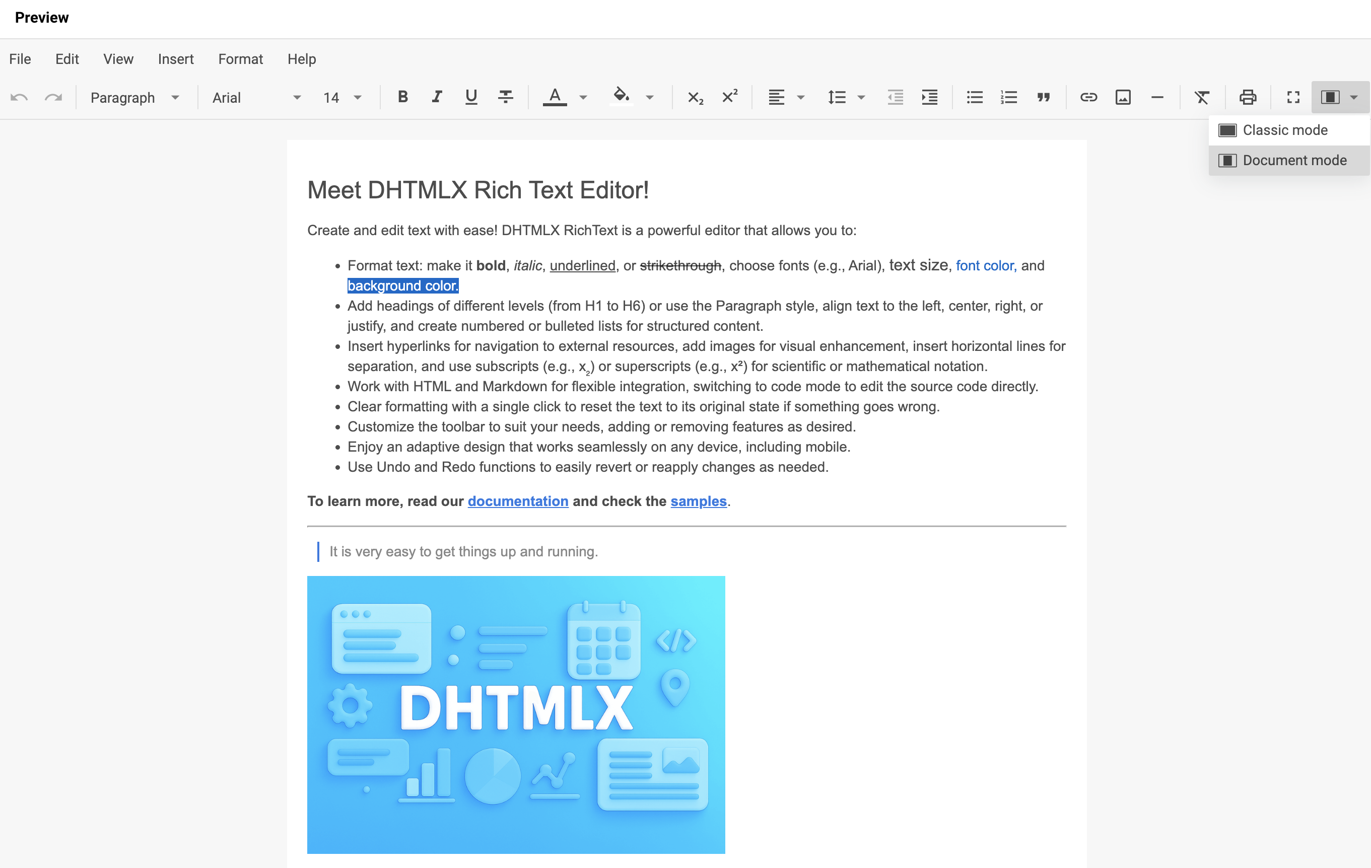 Редактор DHTMLX RichText в режиме документа