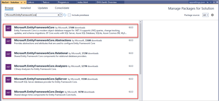 dhtmlxGantt with ASP.NET Core EF core installation