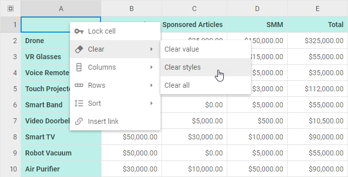 Spreadsheet Context Menu