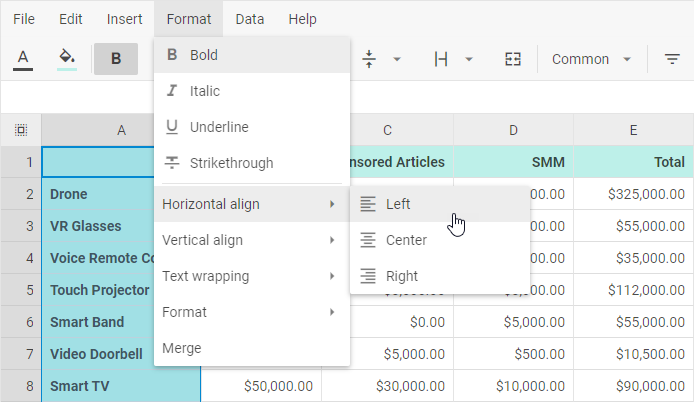 Spreadsheet Menu