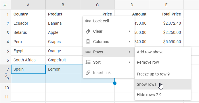 Showing rows context menu