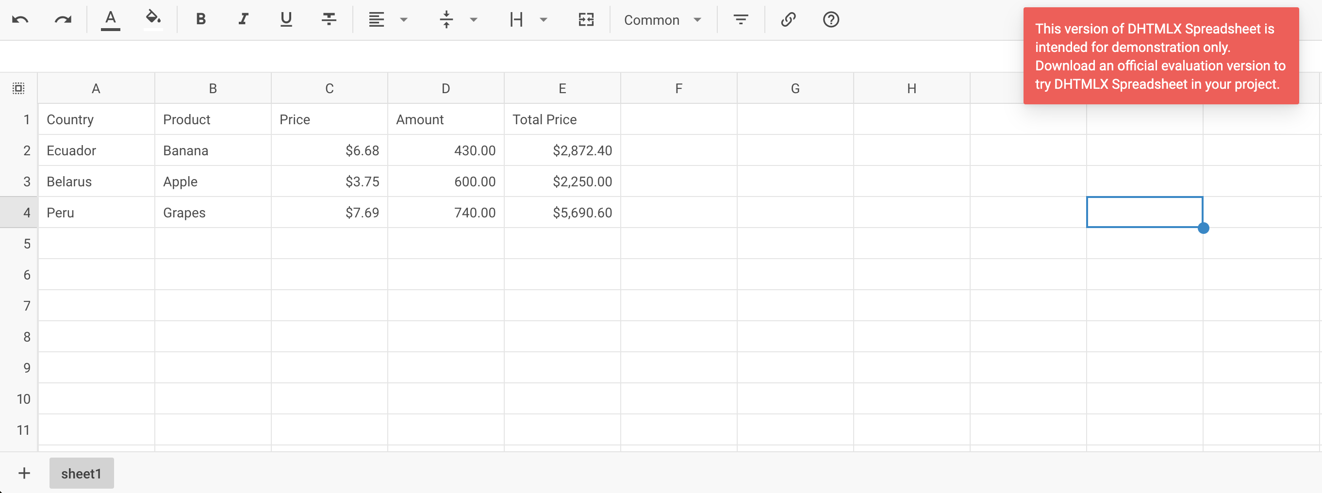 Spreadsheet initialization