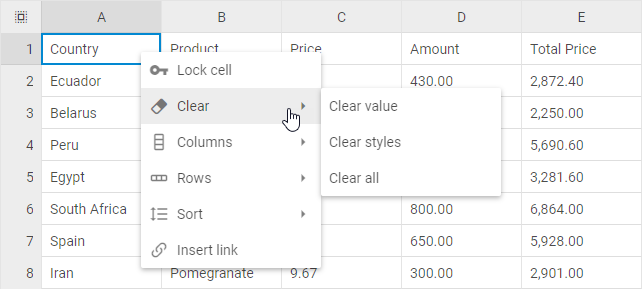 DHTMLX Spreadsheet context menu with the Clear option for clearing value, styles, or all