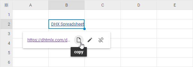 DHTMLX Spreadsheet-Link-Popup mit hervorgehobenem Symbol „Kopieren"