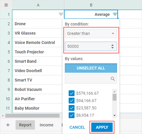 DHTMLX Spreadsheet-Spaltenfilter-Dropdown mit Vergleichsoperatoren wie "Größer als"