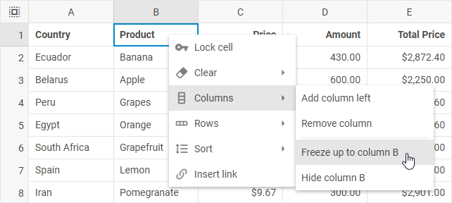 DHTMLX Spreadsheet context menu with the Columns submenu showing Freeze up to column