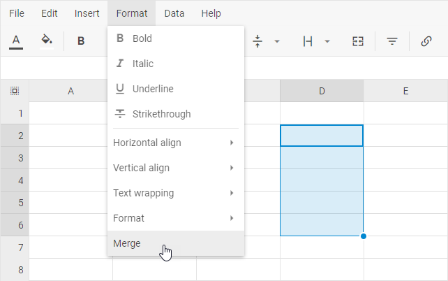 DHTMLX Spreadsheet-Menü „Format" mit der Option „Merge" zum Zusammenführen von Zellen