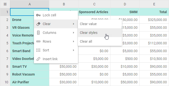DHTMLX Spreadsheet context menu with Lock, Clear, Columns, Rows, Sort, and Insert link options