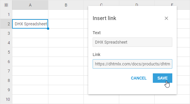 DHTMLX Spreadsheet-Dialog „Link einfügen" mit Eingabefeldern für Text und Link