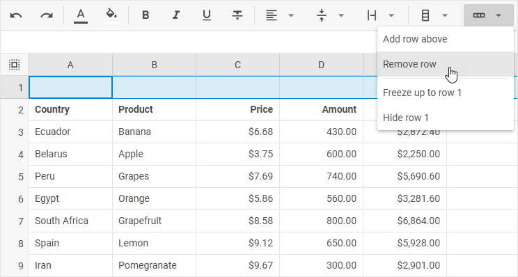 DHTMLX Spreadsheet Rows toolbar button with the Remove row option highlighted
