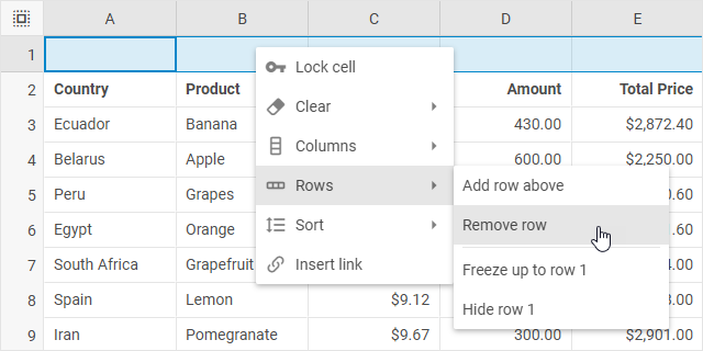 DHTMLX Spreadsheet context menu with the Rows submenu showing Remove row