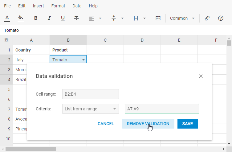 DHTMLX Spreadsheet-Menü „Daten" mit der Option „Datenvalidierung – Validierung entfernen"