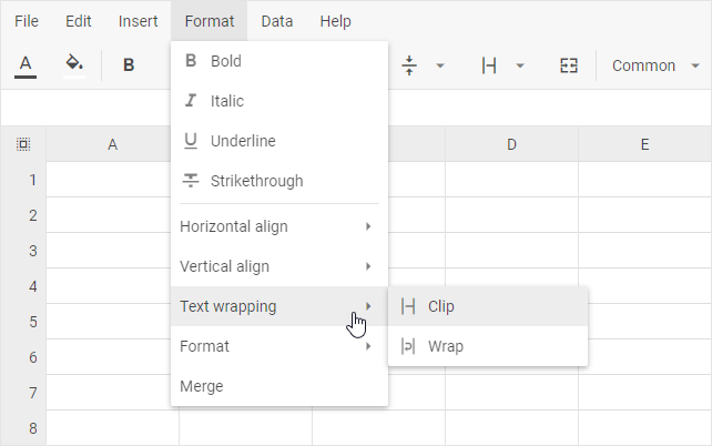 DHTMLX Spreadsheet Format menu with the Text wrapping submenu showing Clip and Wrap