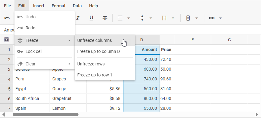 DHTMLX Spreadsheet Edit menu with the Freeze submenu showing Unfreeze columns