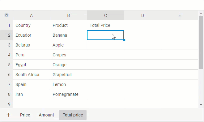 여러 시트 탭에 걸쳐 작성된 DHTMLX Spreadsheet 상호 참조 수식