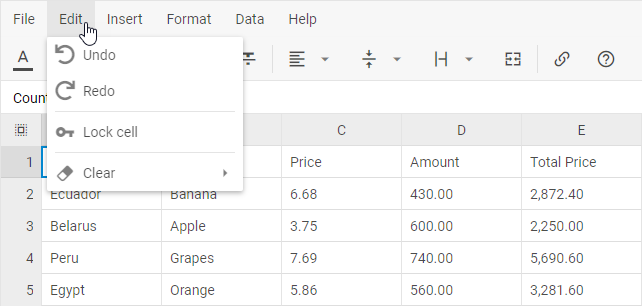 Font Awesome의 사용자 정의 실행 취소 및 다시 실행 아이콘이 적용된 DHTMLX Spreadsheet 메뉴