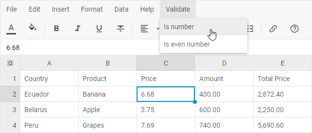 숫자 확인을 위한 사용자 정의 유효성 검사 옵션이 추가된 DHTMLX Spreadsheet 메뉴