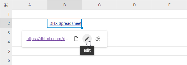 편집 아이콘이 강조 표시된 DHTMLX Spreadsheet 링크 팝업
