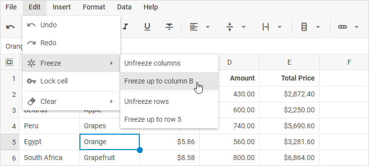 열까지 고정 옵션이 있는 고정 하위 메뉴가 표시된 DHTMLX Spreadsheet 편집 메뉴