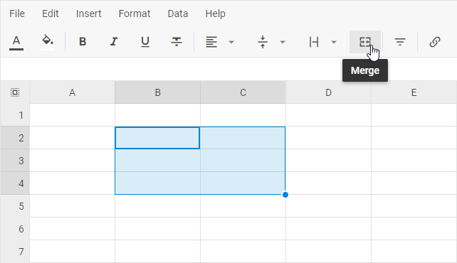 셀 범위를 병합하는 Merge 버튼이 있는 DHTMLX Spreadsheet 툴바