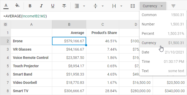 공통, 숫자, 통화, 퍼센트, 날짜, 시간, 텍스트 옵션이 있는 DHTMLX Spreadsheet 숫자 서식 드롭다운