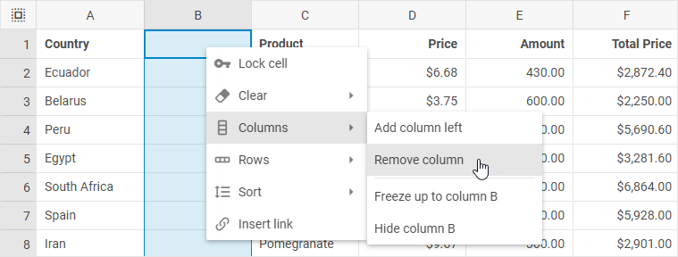 열 제거 옵션이 있는 열 하위 메뉴가 표시된 DHTMLX Spreadsheet 컨텍스트 메뉴