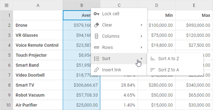 오름차순 정렬 및 내림차순 정렬 옵션이 있는 DHTMLX Spreadsheet 열 헤더 컨텍스트 메뉴