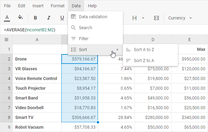 선택된 셀 범위를 정렬하는 정렬 서브메뉴가 있는 DHTMLX Spreadsheet 데이터 메뉴