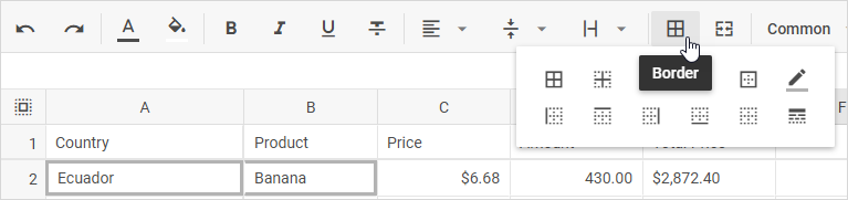 테두리 유형, 색상, 스타일 옵션이 있는 DHTMLX Spreadsheet 테두리 툴바 버튼