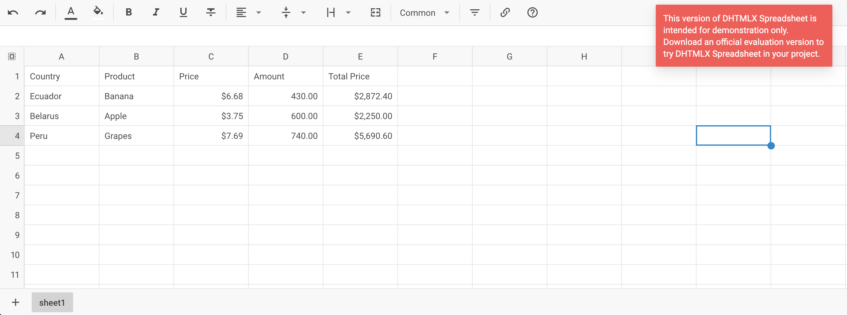 Angular 애플리케이션에서 샘플 데이터로 초기화된 DHTMLX Spreadsheet