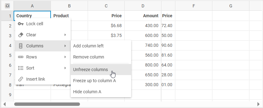 열 고정 해제 옵션이 있는 열 하위 메뉴가 표시된 DHTMLX Spreadsheet 컨텍스트 메뉴