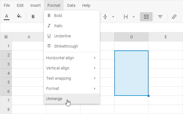 병합된 셀을 분리하는 Unmerge 옵션이 있는 DHTMLX Spreadsheet Format 메뉴