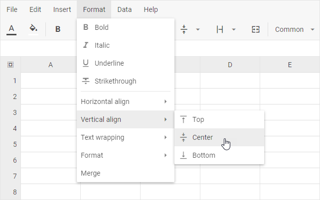 세로 정렬 하위 메뉴 옵션이 있는 DHTMLX Spreadsheet 형식 메뉴