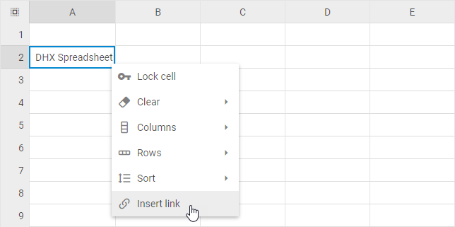 링크 삽입 옵션이 강조 표시된 DHTMLX Spreadsheet 컨텍스트 메뉴