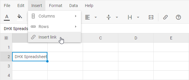링크 삽입 옵션이 있는 DHTMLX Spreadsheet 삽입 메뉴