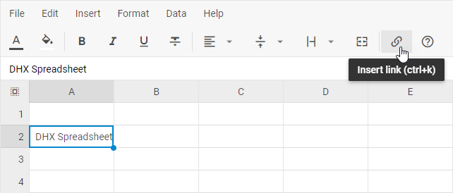 링크 삽입 버튼이 강조 표시된 DHTMLX Spreadsheet 툴바