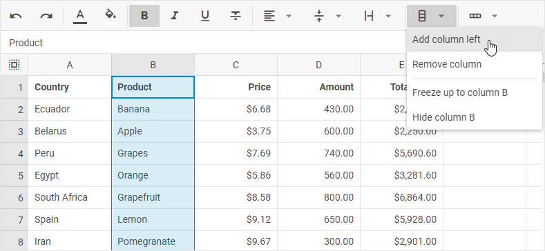 Кнопка «Столбцы» на панели инструментов DHTMLX Spreadsheet с выделенной опцией «Добавить столбец слева»