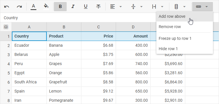 Кнопка «Строки» на панели инструментов DHTMLX Spreadsheet с выделенной опцией «Добавить строку выше»