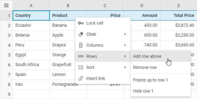 Контекстное меню DHTMLX Spreadsheet с подменю «Строки» и пунктом «Добавить строку выше»