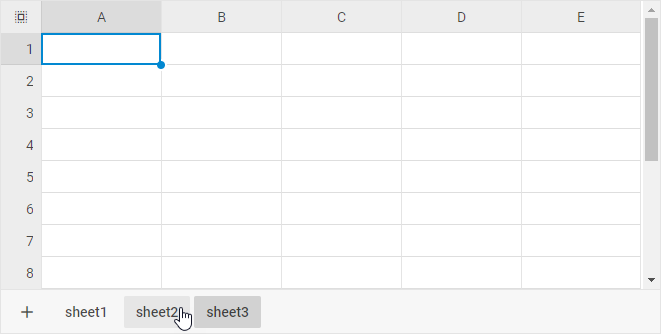 Вкладки листов DHTMLX Spreadsheet внизу с выделенным активным листом